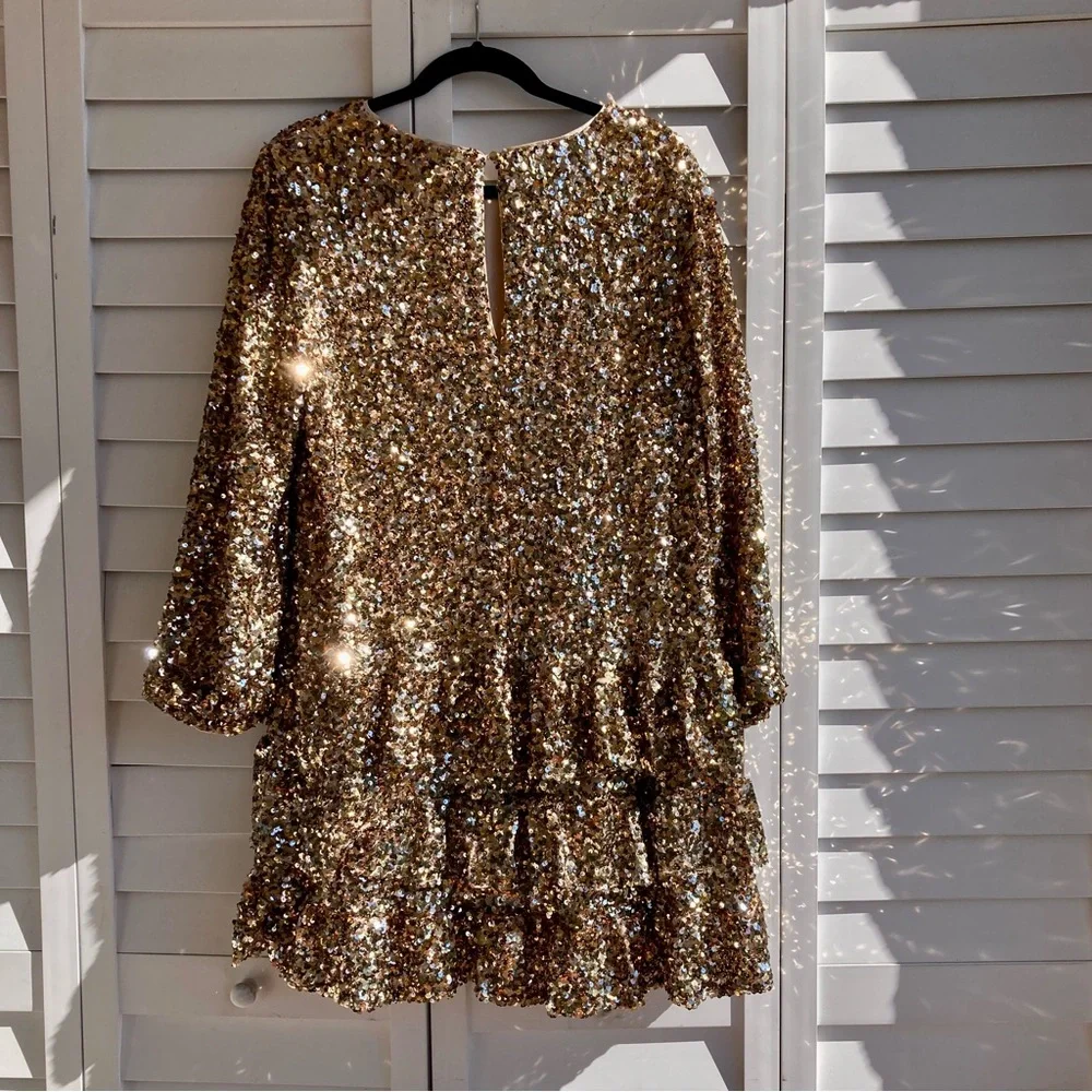 Antonio Melani Gold Sequin Ruffle Mini Dress Size 14 NWT